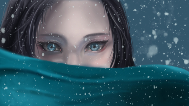 Blue Eyes Snowfall Anime Girl Wallpaper