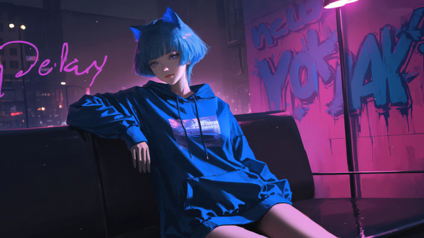 Blue Hair Cat Ear Anime Girl Sitting On Couch Neon Graffiti (3440x1440) Resolution Wallpaper