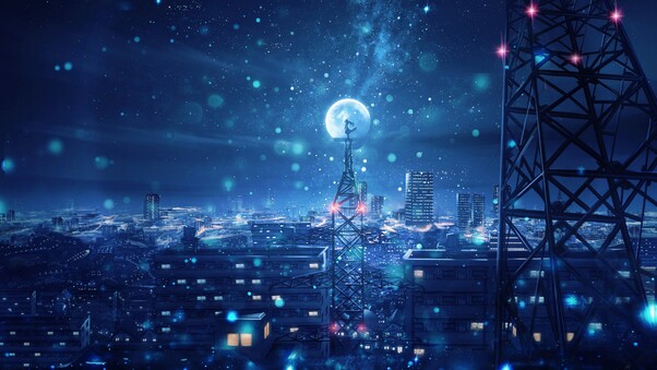Blue Night Big Moon Anime Scenery 4k Wallpaper