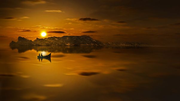 Boat Evening Lake Sunset Silhouette Reflection Sunset Wallpaper