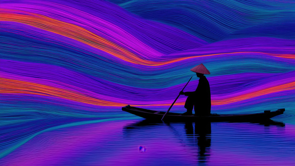 Boat In Neon Colorful Waves Landscape (1280x720) Resolution Wallpaper