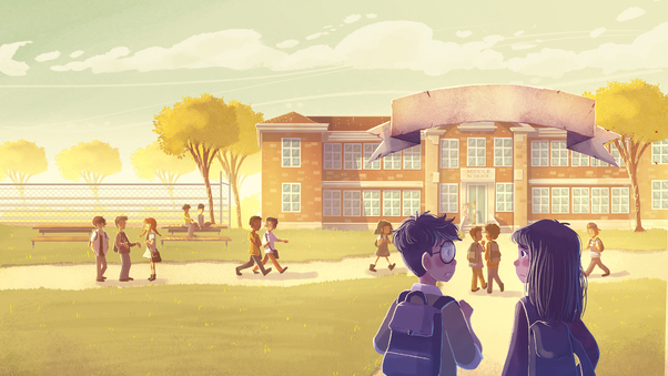 Boy And Girl Going To School Illustration Wallpaper