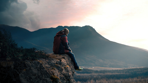 Boy Sitting Alone On High Mountain Rock 5k Wallpaper