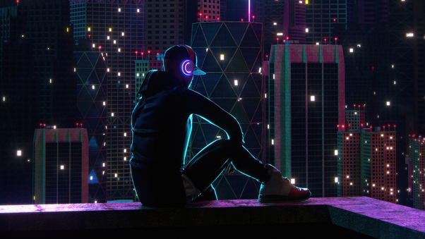 Boy Sitting On Rooftop Neon Lights 5k Wallpaper