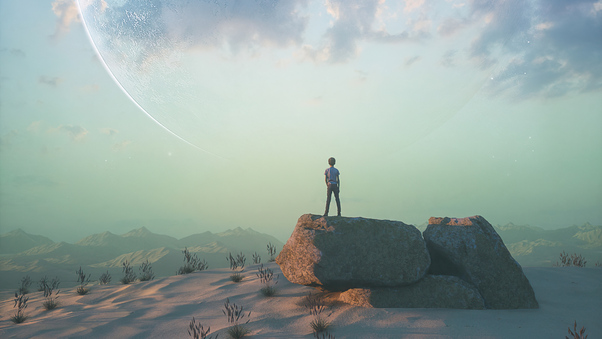 Boy Standing On Rock Looking At Landscape View 4k Wallpaper