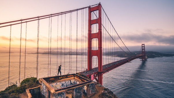 Boy Walking Over Golden Gate Bridge 4k Wallpaper