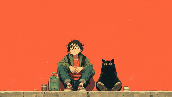 Boy With Black Cat On Orange Background (2560x1440) Resolution Wallpaper