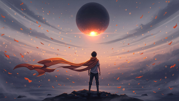 Boy With Flowing Cape Under Red Planet (1336x768) Resolution Wallpaper