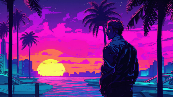 Boy With Sunglasses Vaporwave Sunset Glow Palm Trees Yacht Relaxing Wallpaper