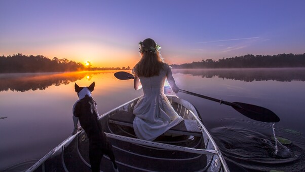Bride With Dog On Boat Wallpaper