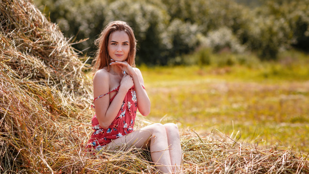 Brown Haired Girl Sitting In A Dress Surrounded By Bokeh And Hay Wallpaper