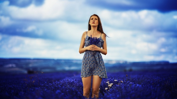 Brunette Girl In Field Of Blue Flowers Wallpaper
