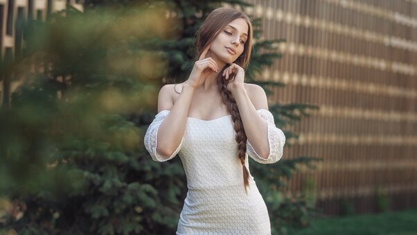Brunette Girl In White Dress Wallpaper