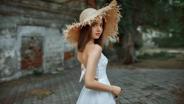 Brunette Girl In White Hat Wallpaper