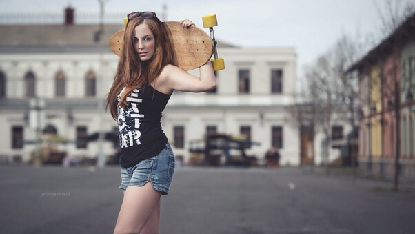 Brunette Girl With Skateboard Wallpaper