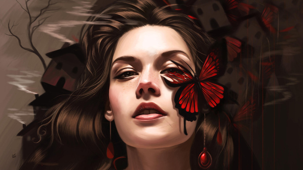 Butterfly On Girl Face Fantasy Art Wallpaper