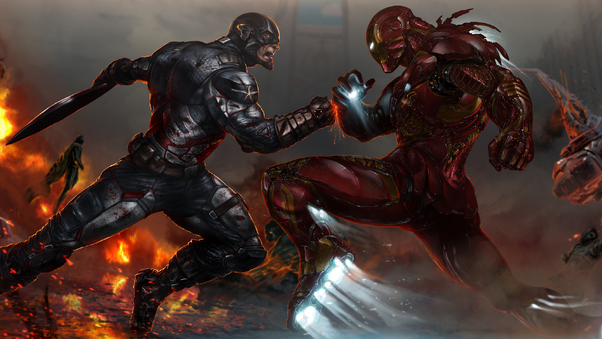 Captain America And Iron Man Fighting Artwork Wallpaper