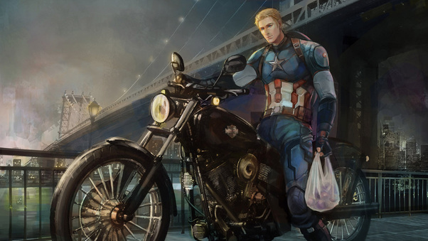 Captain America On Bike Back From Work Art Wallpaper