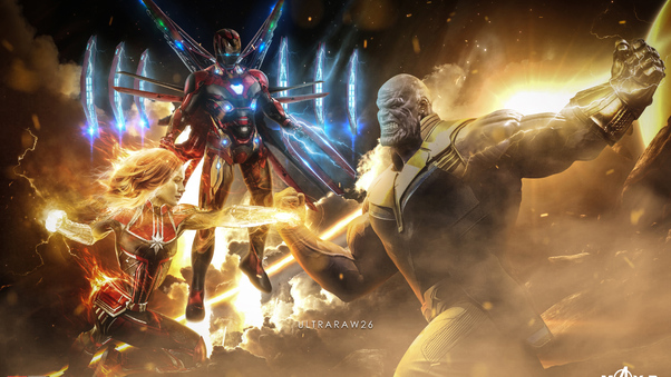 Captain Marvel Thanos Iron Man Artwork Wallpaper