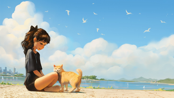 Cat And Anime Girl Enjoying A Sunny Beach Day Wallpaper