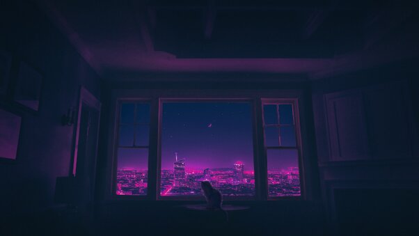 Cat Gazes Through The Window Into A World Of Big Synthwave Wallpaper