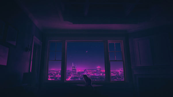 Cat Outside Synthwave City Wallpaper