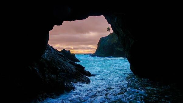 Cave Sunset Sea Wallpaper
