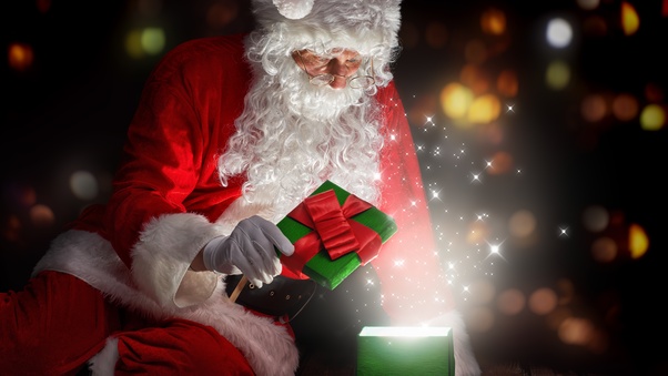 Christmas Santa Claus Opening Gifts Wallpaper
