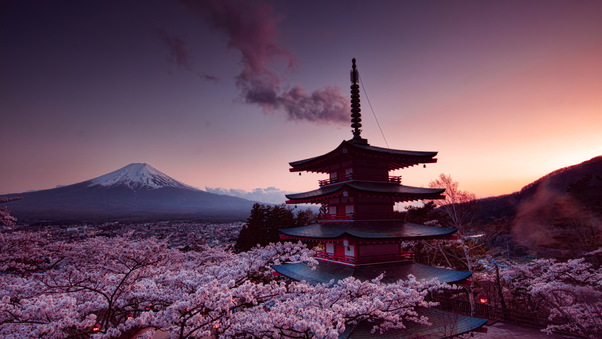 Churei Tower Mount Fuji In Japan 8k Wallpaper