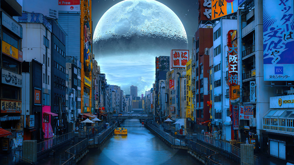 City Building Moon Manipulation 4k Wallpaper