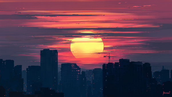 City Buildings Lunar Sunset Wallpaper