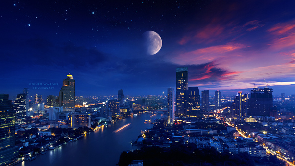 City Lights Moon Vibrant 4k Wallpaper