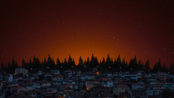 City Of Lights Houses And Trees Dark Evening 5k Wallpaper