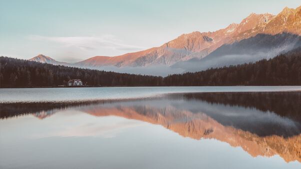 Clear Lake Mountains Sunrays Water Reflection 4k Wallpaper