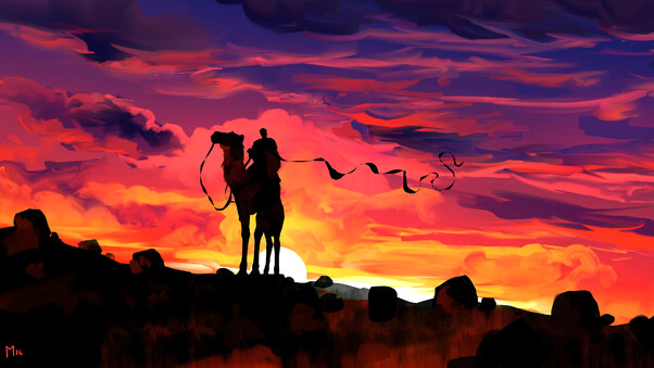 Clouds Dawn Camel Rider Fantasy Illustration 4k Wallpaper