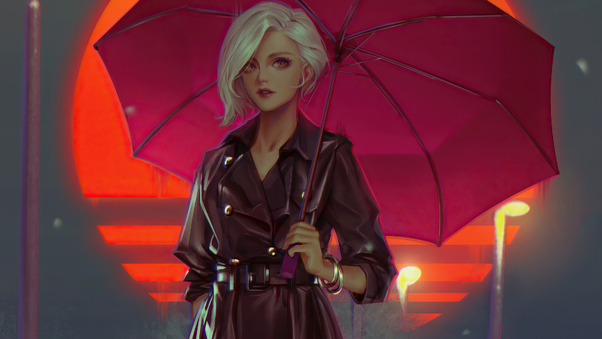 Cold Sunset Girl With Umbrella Wallpaper