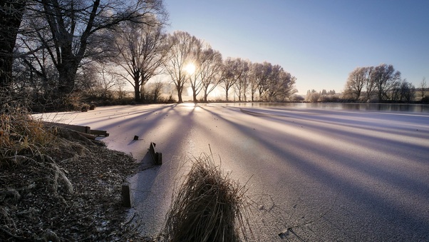 Cold Wintry Frozen Lake Sunbeam Trees 4k 5k Wallpaper