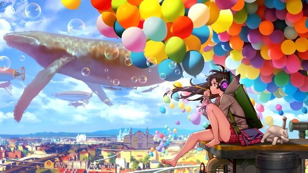 Colorful City Anime Girl Blowing Bubbles Wallpaper