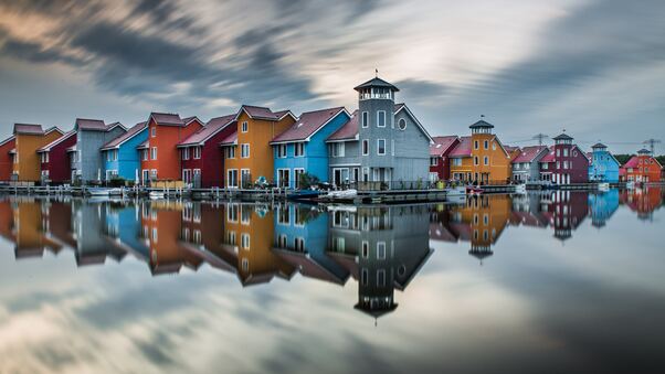 Colorful Hut Houses Reflection 5k Wallpaper