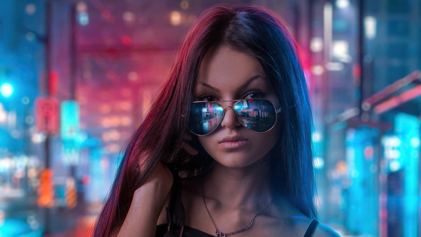 Cool Sunglasses Girl In Neon Lights Of City Wallpaper