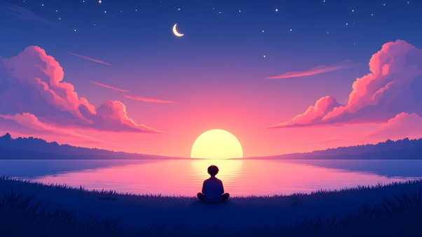 Cosmic Calm Lake Sunset With Moon (1400x900) Resolution Wallpaper