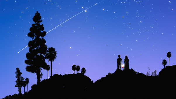 Couple At Starrty Night Watching Stars And Meteorite 5k Wallpaper
