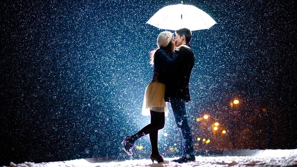 Couple Kiss In Snow Wallpaper