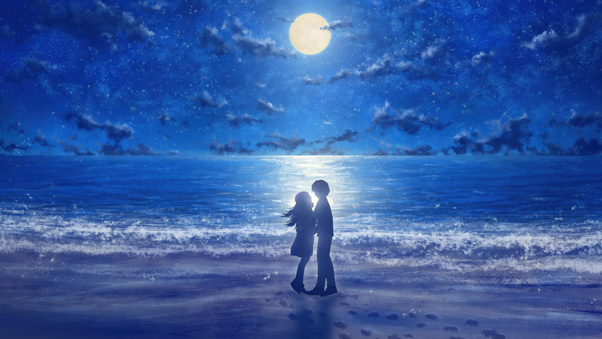 Couple Silhouette On Beach Under Full Moon (1280x720) Resolution Wallpaper
