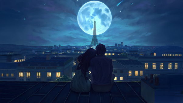 Couple Under Moonlight Watching Eiffel Tower (5120x2880) Resolution Wallpaper