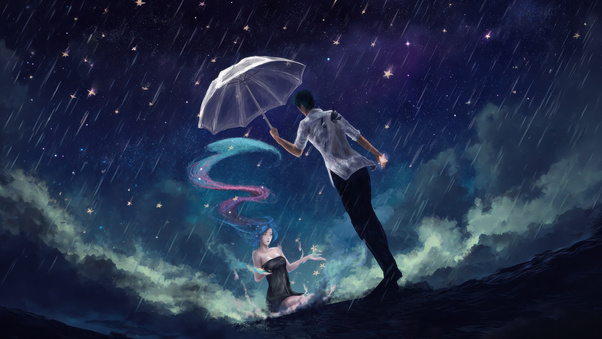 Couple Under Stars In The Rain (3000x2000) Resolution Wallpaper