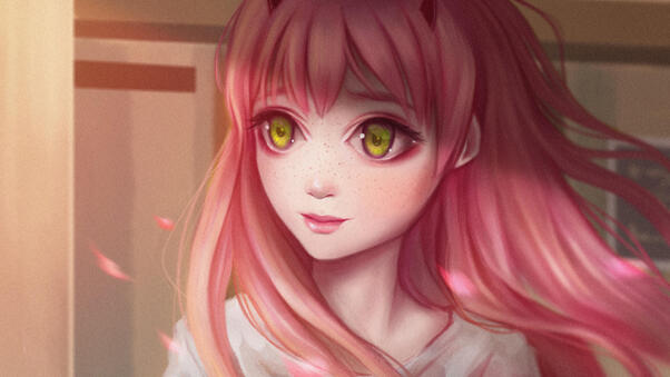 Cute Anime Girl Pink Hairs Red Eyes Wallpaper