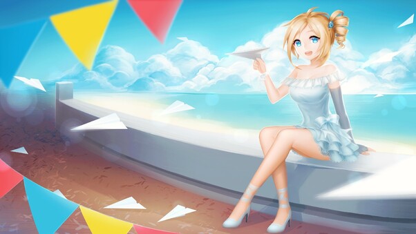 Cute Anime Girl Playing With Paper Planes Wallpaper