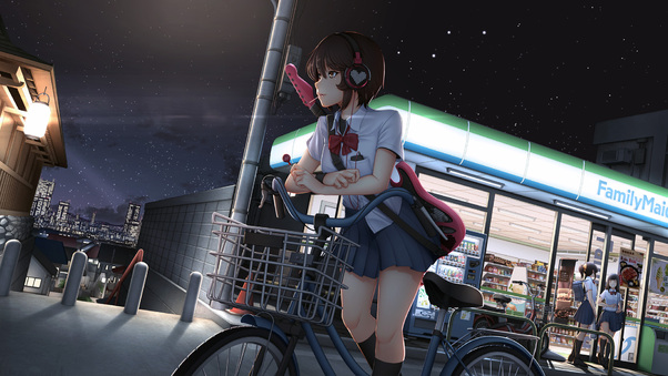 Cute Anime Girl With Bicycle Listening Music On Headphones Wallpaper