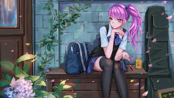 Cute Anime School Girl Pink Hairs Sitting On Bench 8k Wallpaper